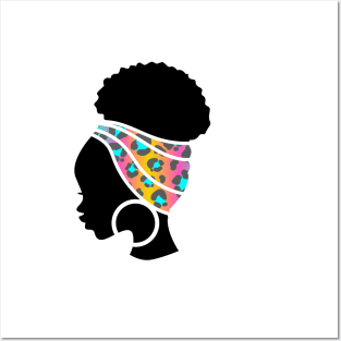 Afro Hair Woman with African Animal Pattern Headwrap Posters and Art